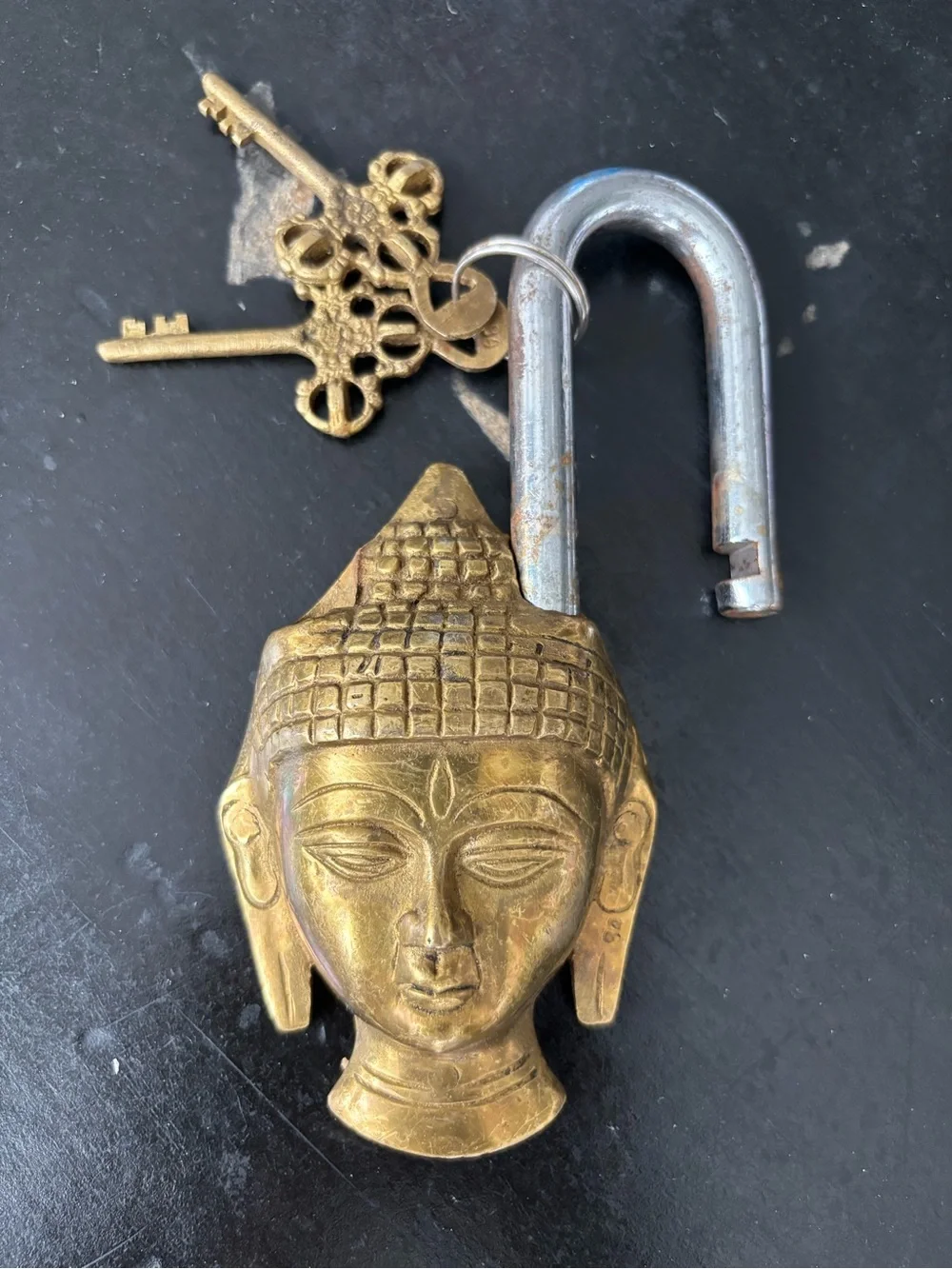 Brass Buddha Head Decorative Padlock - Gold Accent